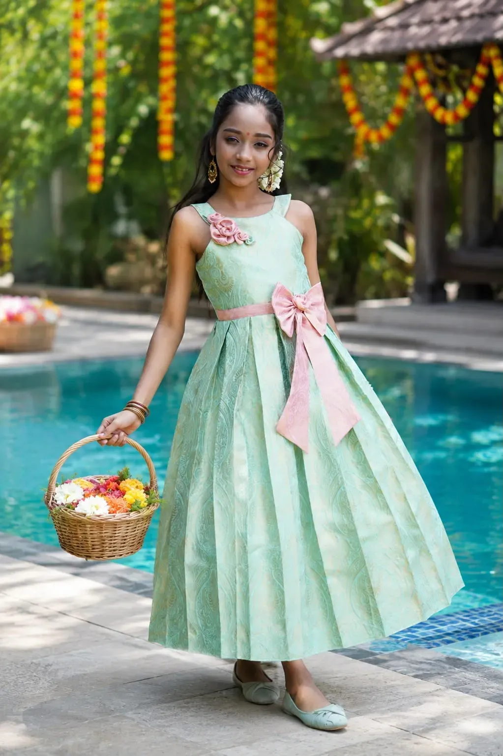 Coral Blue Brocade Dress Frock view 5